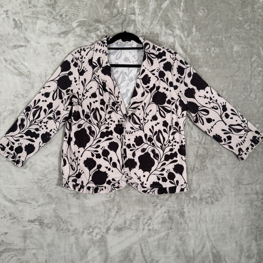 Grace Karin Violet Cotton Ruffle Trim Blazer Cardigan 3/4 Sleeve L Floral Print